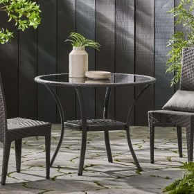 Hopp Outdoor Coastal Gray Wicker Side Table with Tempered Glass Top