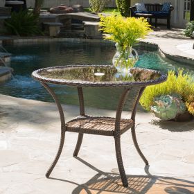 Hopp Outdoor Coastal Gray Wicker Side Table with Tempered Glass Top Brown