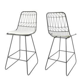 Great Deal Furniture Hedy Outdoor Counter Stool; 26" Seat; Contemporary; Geometric; Gray Iron Frame with Ivory Cushions (Set of 2)