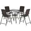 Outdoor Patio PE Wicker 5-Piece Counter Height Dining Table Set with Umbrella Hole and 4 Foldable Chairs, Brown