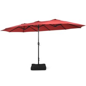 15 Feet Double-Sided Twin Patio Umbrella with Crank and Base (Color: Red)