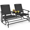 2-Person Double Rocking Loveseat with Mesh Fabric and Center Tempered Glass Table