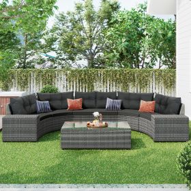 8-pieces Outdoor Wicker Round Sofa Set;  Half-Moon Sectional Sets All Weather;  Curved Sofa Set With Rectangular Coffee Table;  PE Rattan Water-resist (Color: Gray)