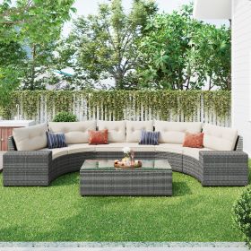 8-pieces Outdoor Wicker Round Sofa Set;  Half-Moon Sectional Sets All Weather;  Curved Sofa Set With Rectangular Coffee Table;  PE Rattan Water-resist (Color: Beige)