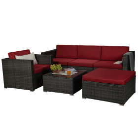 Outdoor Garden Patio Furniture 6-Piece Brown PE Rattan Wicker Sectional  Cushioned Sofa Sets (Color: Dark Gray)