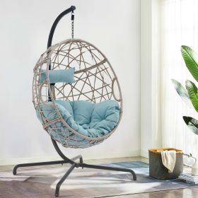 Patio Wicker Swing Egg Chair Basket Rattan Teardrop Hanging Lounge Chair with Stand and Cushions (Color: Blue)