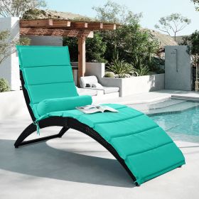 Patio Wicker Sun Lounger, PE Rattan Foldable Chaise Lounger with Removable Cushion and Bolster Pillow, Black Wicker and Beige Cushion (Color: Blue)