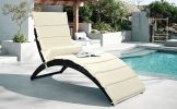 Patio Wicker Sun Lounger, PE Rattan Foldable Chaise Lounger with Removable Cushion and Bolster Pillow, Black Wicker and Beige Cushion