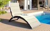 Patio Wicker Sun Lounger, PE Rattan Foldable Chaise Lounger with Removable Cushion and Bolster Pillow, Black Wicker and Beige Cushion